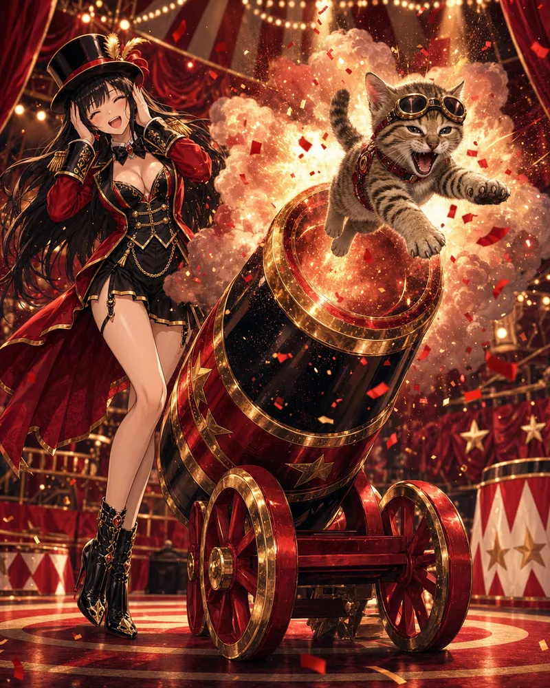 The kitty fired out of a circus cannon wearing goggles